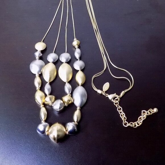 Chico's Long Necklace Gold and Silver Tone Beads Statement Two Row Chain - Picture 2 of 6